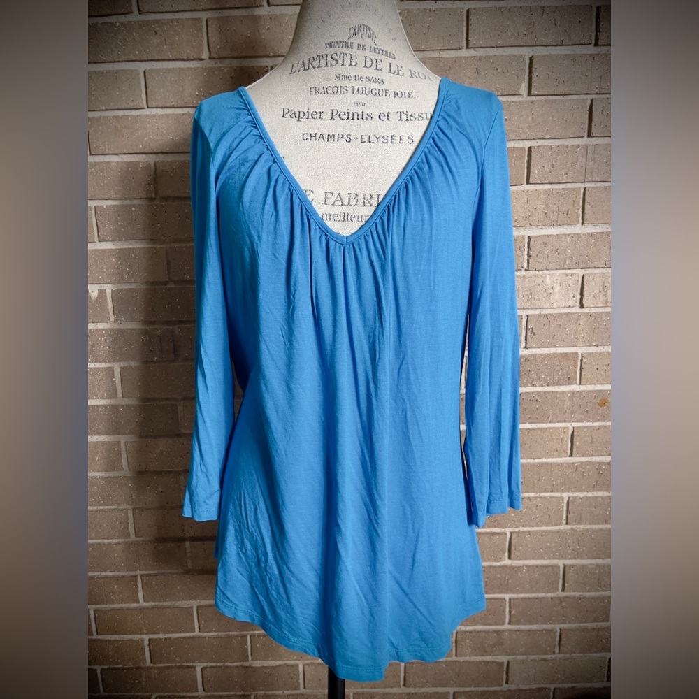 THREE DOTS Bright Blue Knit 3/4 Sleeve V-neck Top